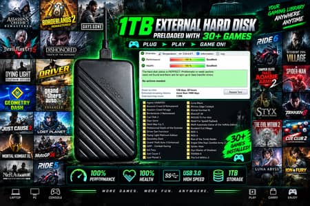 1 TB External Hard Disk Full of Games with 100% Health & Performance