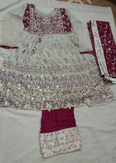 Frock And Trouser ( Mirror Work)(0305-7180337) Colour Mehroon And Skin
