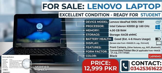 Affordable Lenovo Laptop - Student Ready, Long Battery Life