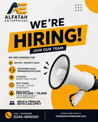 CSR Hiring for Renowned Construction company in Bahria Town
