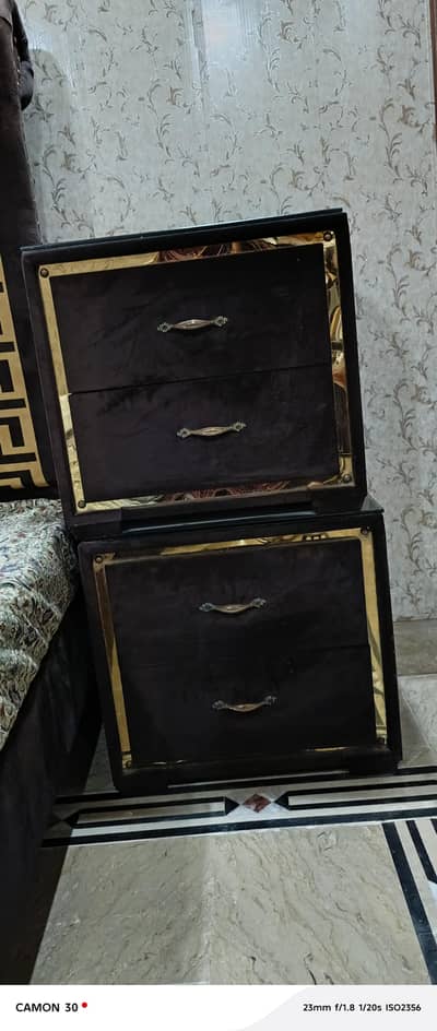 brown velvet wood bed, side tables and dressing table