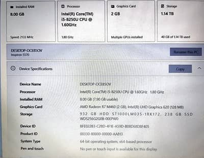 Dell Inspiron 5570 Core i5 8th Gen, 256GB SSD+1TB HDD, AMD Radeon 460