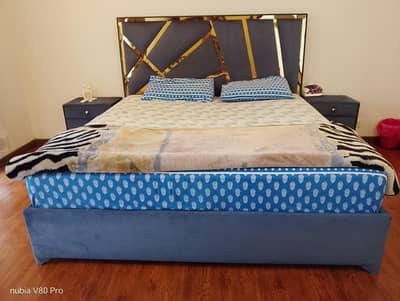 Grey Velet Wood Bed with side Tables for sale.