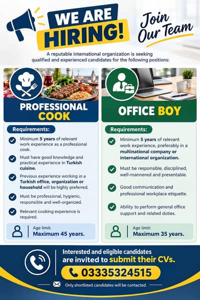 Required: Professional Cook and Office Boy