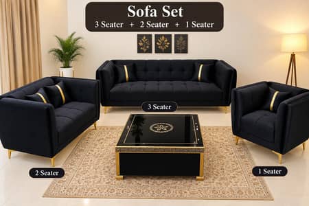 Black Velvet sofa set 6 seater with table (3+2+1 )