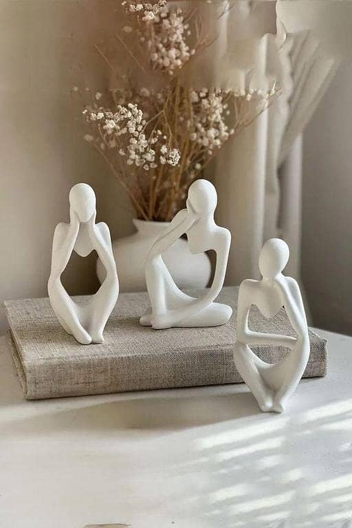 Minimalist White Abstract Thinker Sculptures - Set of 3 Resin Statues