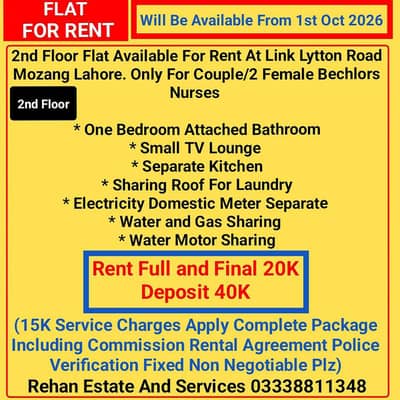 2nd Floor Family Flat For Rent At Link Lytton Road Mozang Lahore