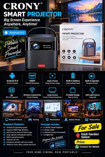 CRONY Smart Projector- Android 9.0 |Auto Focus | 1080