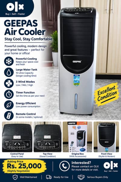 Geepas GAC374 Air Cooler – 10L – Excellent Condition