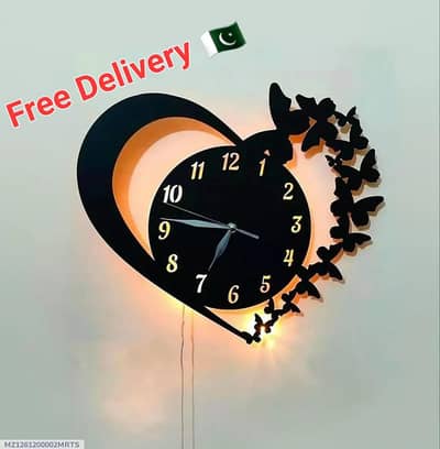 Heart & Butterfly Wall Clock Black Bettery Operated