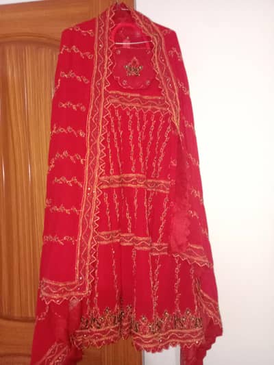Women Used Red Embroidered Formal Maxi Dress - Size M/L