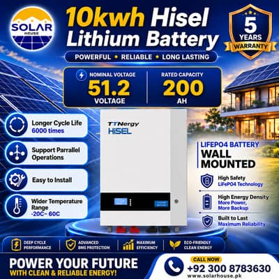 Hisel 10kWh Lithium Battery 51.2V 200Ah | 6000 Cycle | 5 Year Warranty