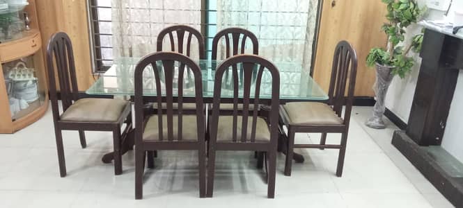6 Seater Solid Wood Dining Table with Glass Top