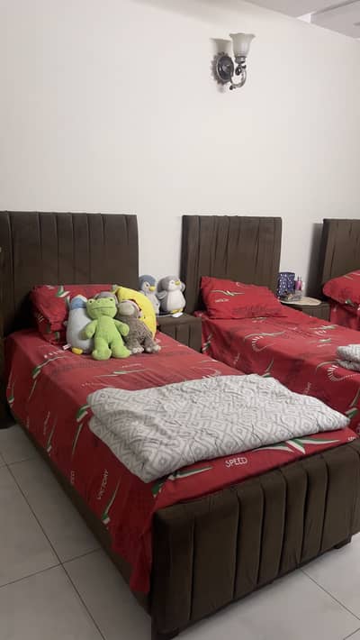 Elegant Brown Upholstered Bed Set – 3 Beds with 2 Side Tables
