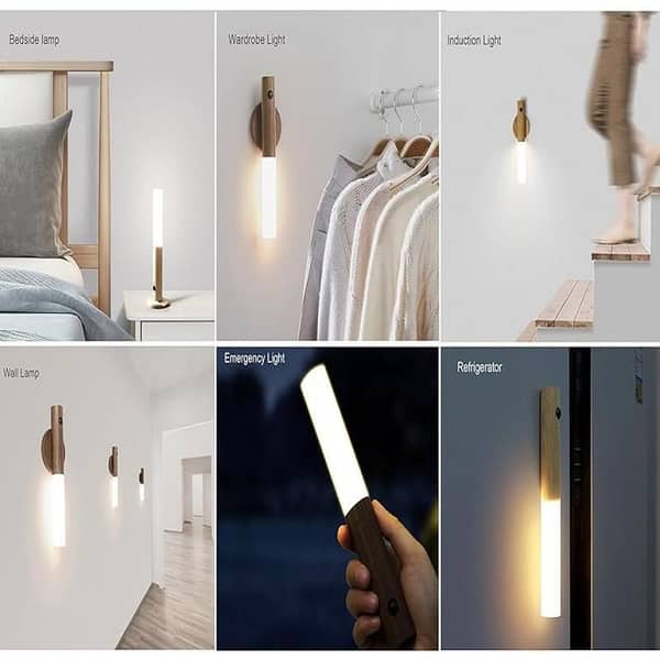 FRAKIN Adjustable Intelligent Induction Wall Light with 3 Brightness Modes, Removable and Rechargeable Wooden Design for Bedroom and Bedside Use