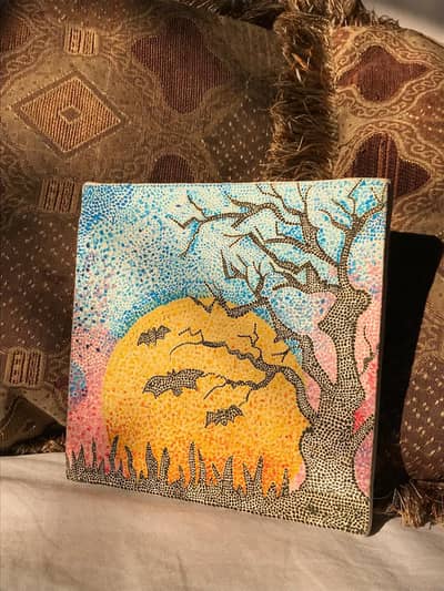 Handmade Pointillism Sunset Landscape Painting | Wall Art