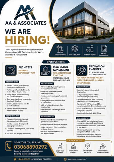 Hiring Multiple Positions | Architect, Real Estate Consultant & Mechan