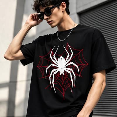 Spider Web DTF Print Drop Shoulder T-Shirt | 220 GSM PC Fabric