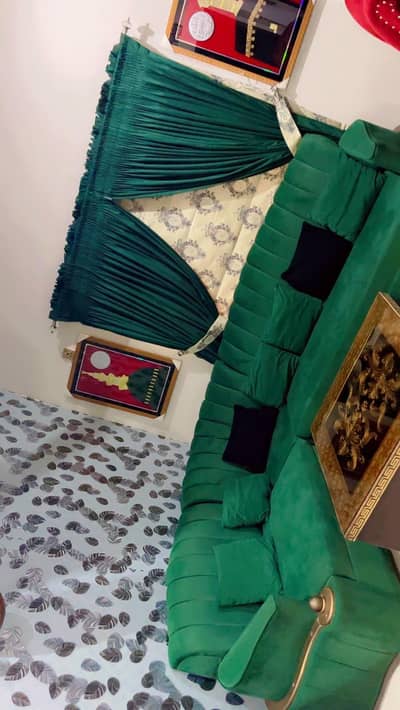 corner sofa with curtain and table