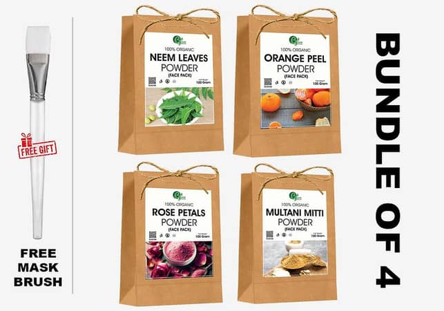 Set of 4 Natural Powders: Multani Mitti, Rose Powder, Neem Powder, and Orange Peel Powder for Healthy Skin