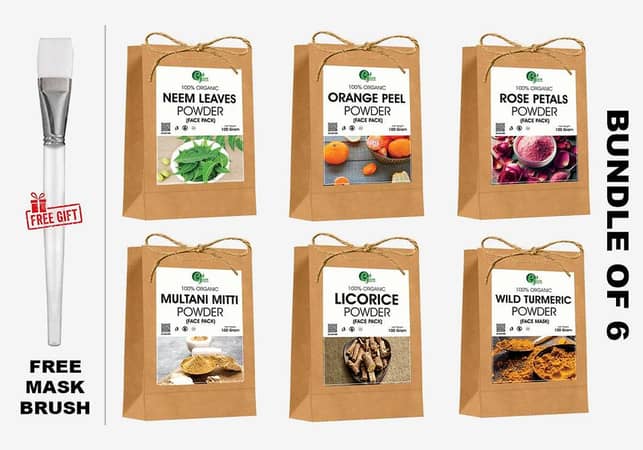 Set of 6 Natural Ingredients: Orange Peel, Neem Leaves, Mulethi Licorice Roots, Multani Mitti, Wild Turmeric, and Rose Flower Powder for Skin Brightening and Acne Relief