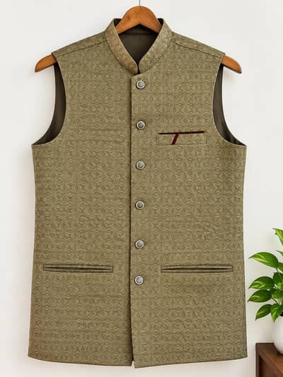 Men's Premium Jacquard Waistcoat – Olive Green