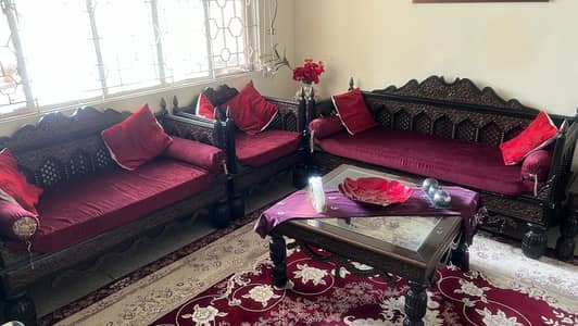 7 seater pure wood heavy sofa set with 3 table set & 10x12 carpet