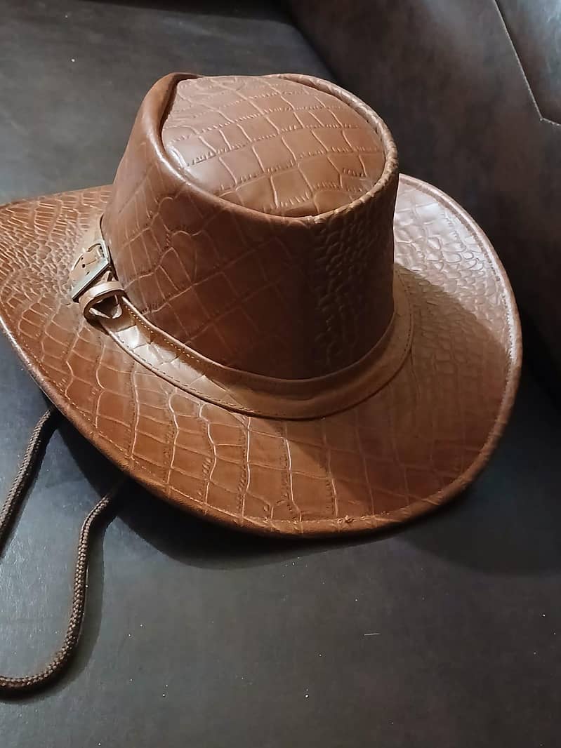 crocodile pattern brown leather hat 0