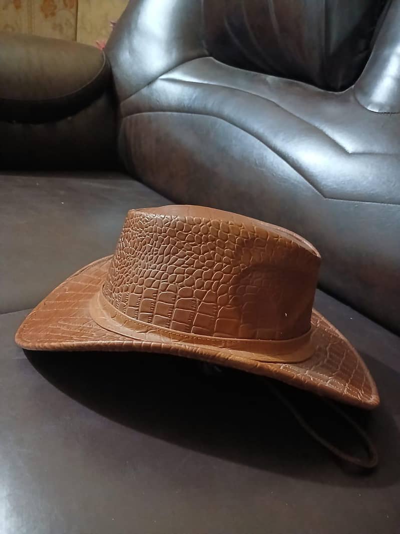 crocodile pattern brown leather hat 1