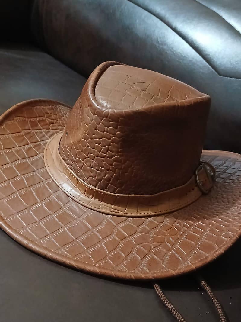 crocodile pattern brown leather hat 2
