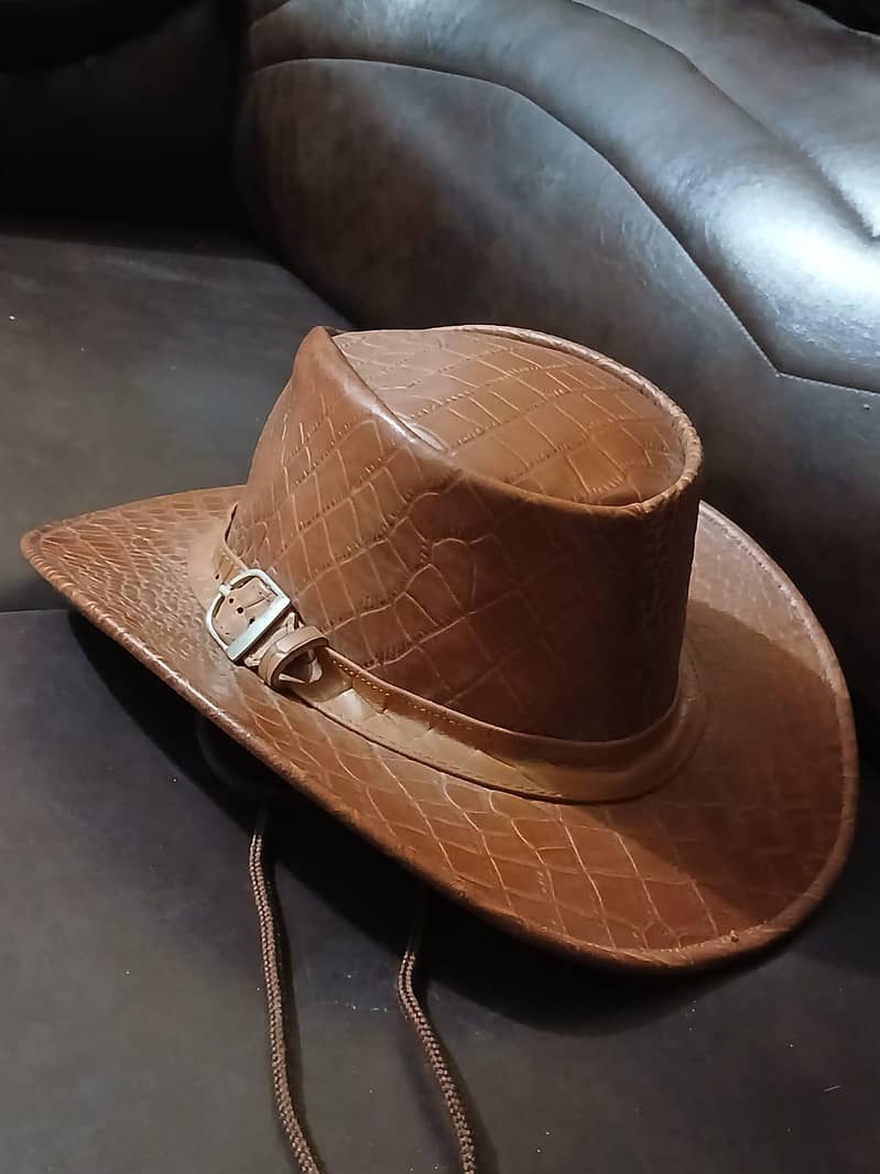 crocodile pattern brown leather hat 3