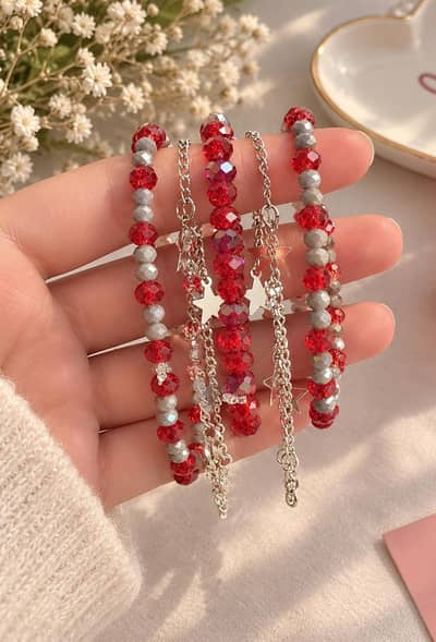 Red & Silver Beaded Bracelet with Star Charms