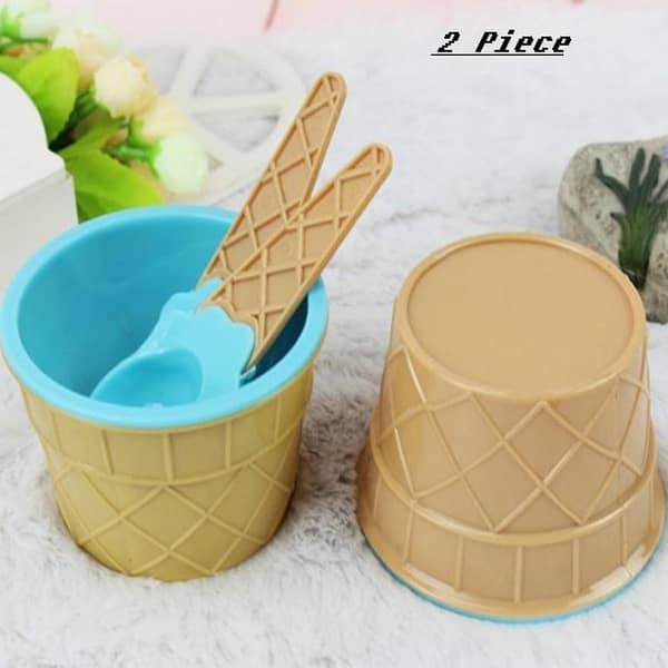 Set of 2 Plastic Ice Cream Cone Style Bowls with Spoons for Kids - Cute Tableware for Desserts and Parties