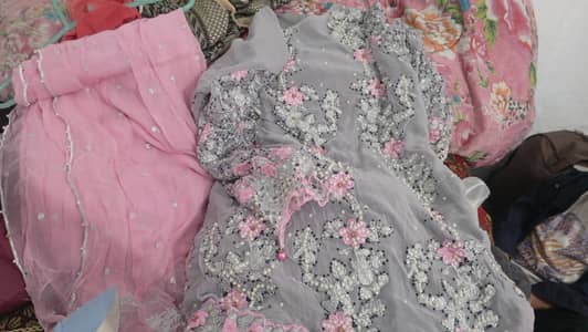 beautiful grey and pink embroidered formal dress with dupatta party