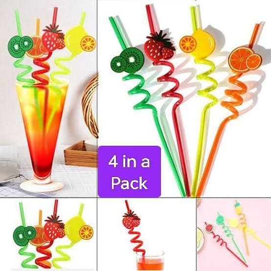 Set of 4 Washable Cartoon Acrylic Straws for Kids - Colorful Reusable Drinking Straws for Parties