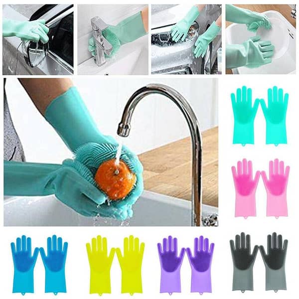 2 Pack of Silicone Dish Washing Gloves with Cleaning Scrubber Brush for Dishes, Pets, Kitchen, Bathroom, Car, and Fruit Cleaning