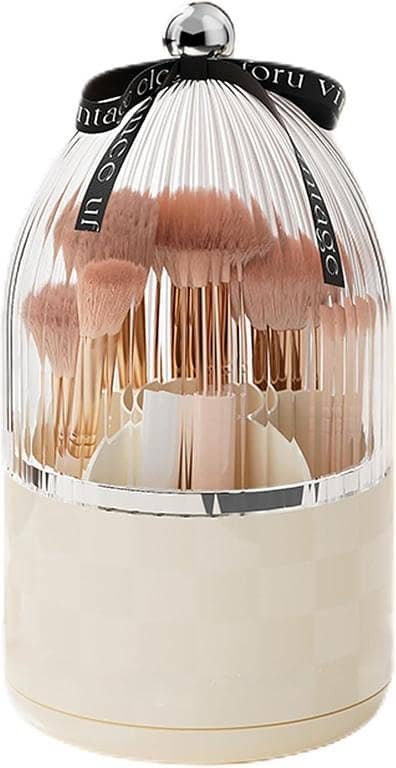 360° Rotating Dustproof Makeup Brush Holder with Lid - Clear Organizer for Vanity and Bathroom