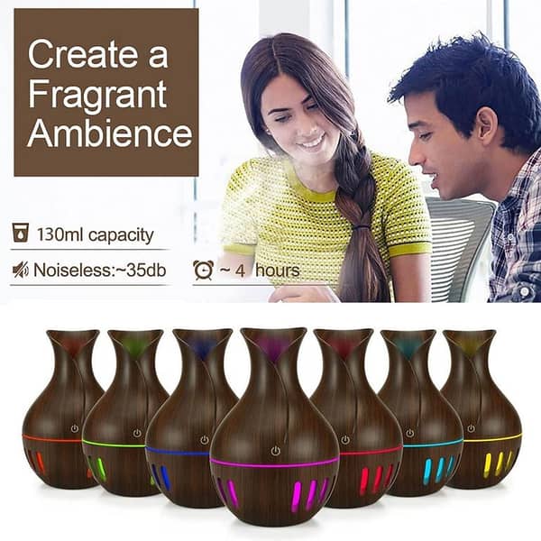 Dark Brown USB Electric Wood Grain Essential Oil Diffuser and Humidifier with LED Lights - 12CM Size