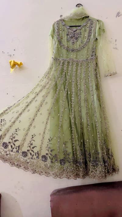 Elegant Pistachio Green Embroidered Maxi Dress | Heavy Party Wear