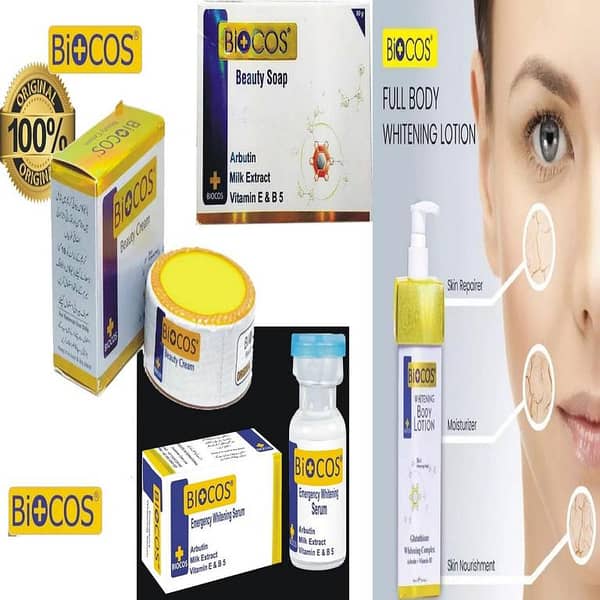 Biocos Skin Whitening Set: 4-Pack of Cream, Soap, Serum & Body Lotion, 250ml Each