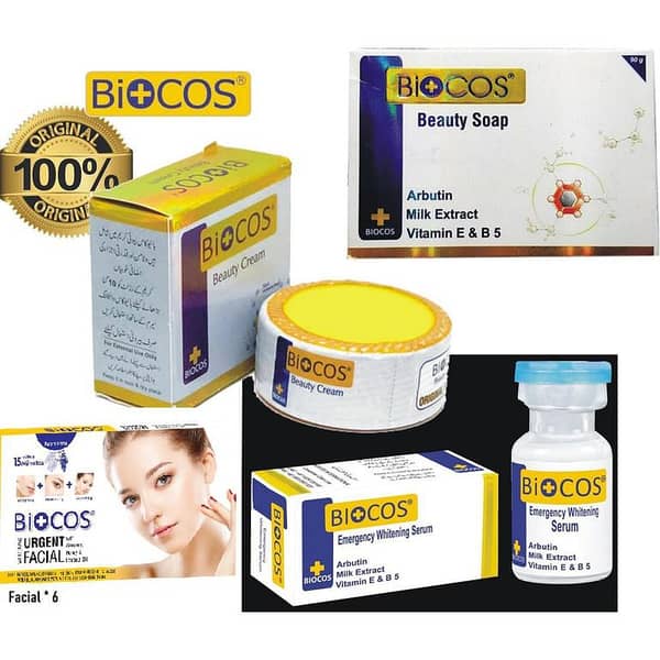 Biocos Skin Care Set: Cream, Serum, Soap, and Facials (Pack of 4)