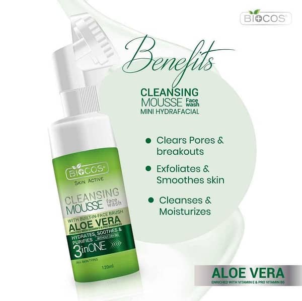 Biocos Aloe Vera Facewash Cleansing Mousse 120ml with Built-in Brush