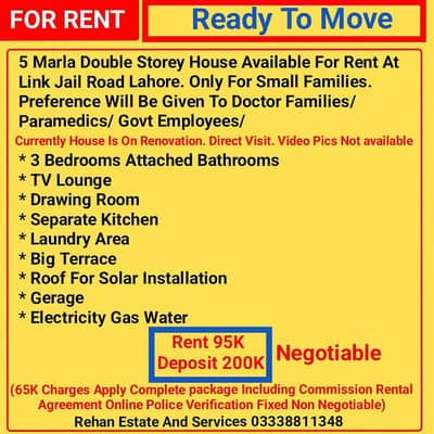 5 Marla Double Storey House For Rent At Link Jail Road Lahore
