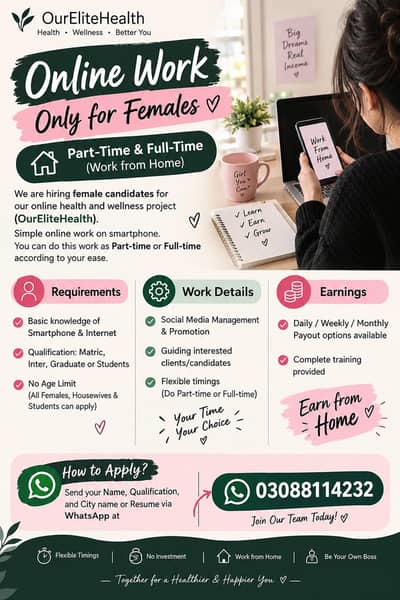Online Work Only for Females / Part-Time & Full-Time (Work from Home)