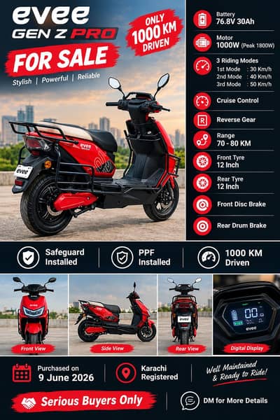 Evee Gen Z Pro Electric Scooter | 76.8V 30Ah | 1000W | 1000 KM Driven
