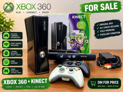 Xbox 360 + Kinect Bundle | 2 Controllers + Games | Complete Setup