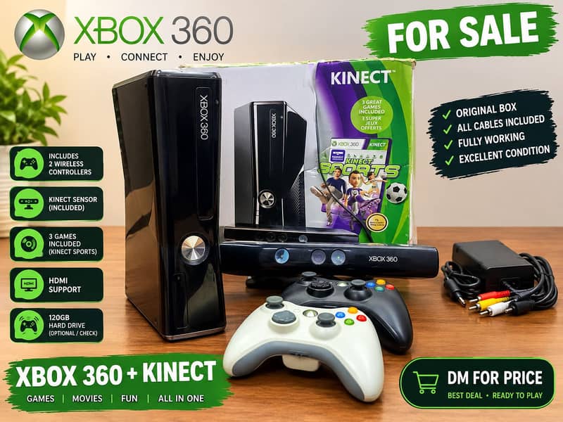 Xbox 360 + Kinect Bundle | 2 Controllers + Games | Complete Setup 0