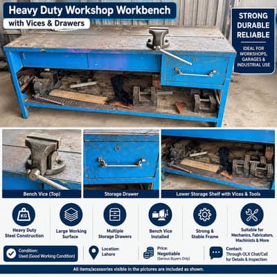 Heavy Duty Workshop Workbench with Vices & Drawers – Metal Work Table