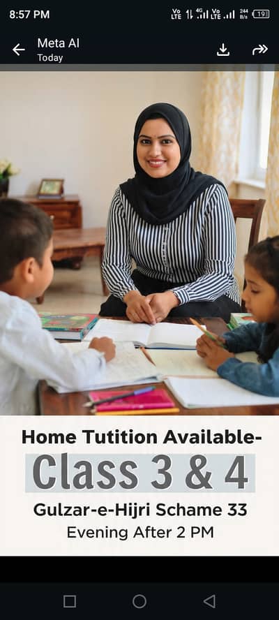 Home Tutor Available for Class 3 & 4 | Gulzar-e-Hijri Scheme 33 | Eve