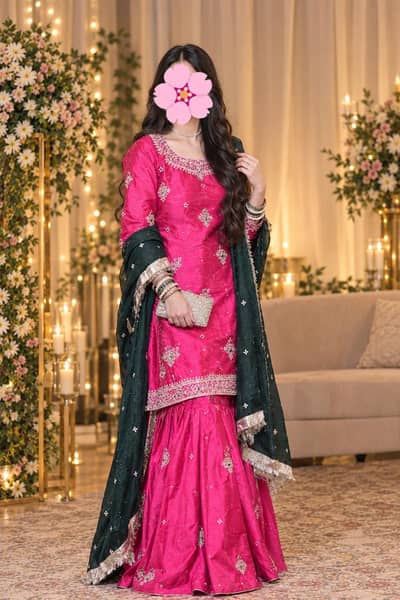 Hot pink and bottle green embroiderd suit
